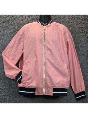 Denim & Flower Cotton Bomber Jacket Men's L Pink Streetwear Preppy Indie Sleaze